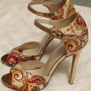 Size 5.5  ankle strap tribal print and copper color heels by Queenshoe